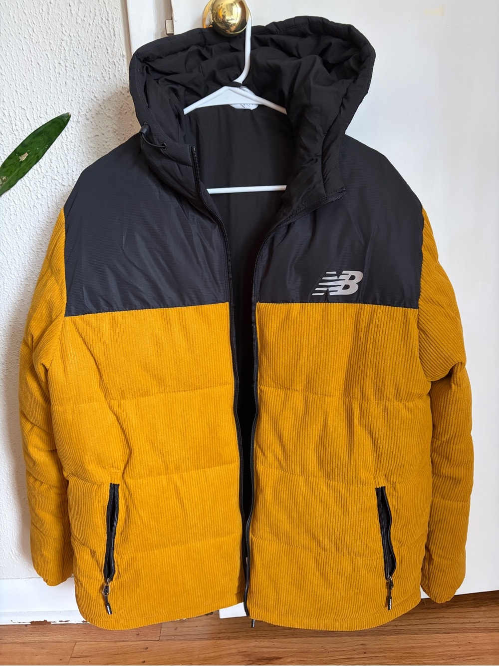 New Balance Men’s Mustard Yellow and Black Hooded Puffer Jacket